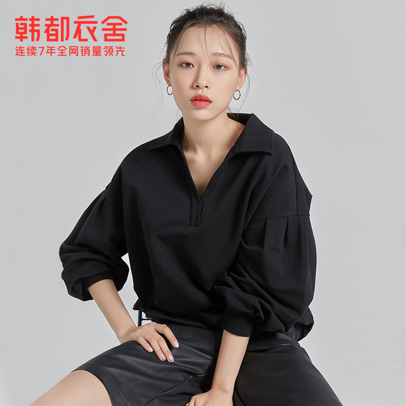 韩都衣舍2020秋装新款韩版POLO领灯笼袖长袖OVERSIZE卫衣女PV9711