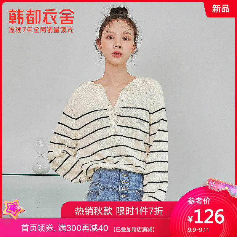 韩都衣舍2020秋新款套头慵懒风V领条纹毛衣宽松针织衫女GQ10968耒