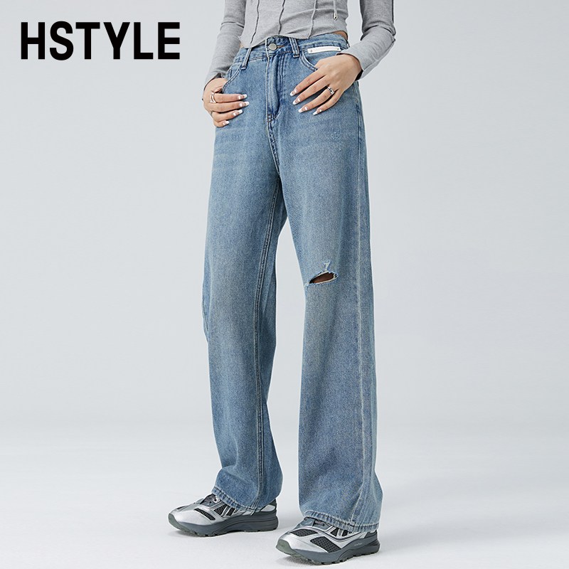 韩都衣舍2024春装新款女装破洞做旧长裤阔腿拖地裤牛仔裤NFD0290