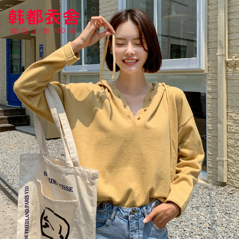 韩都衣舍2020春季新款韩版大帽子毛衣宽松V领套头薄款针织衫女耒