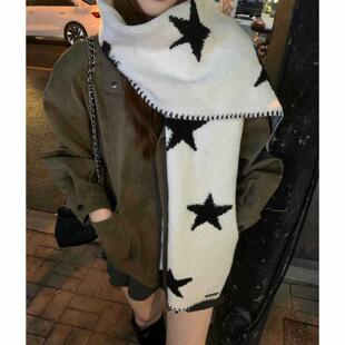 含羊毛韩版星星针织围巾女生冬季韩系氛围感护颈保暖围脖外搭防寒