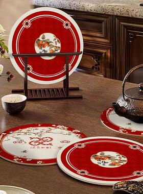 2025春节喜庆红色皮革餐垫喜庆喜事福字圆形餐桌垫子防烫隔热垫