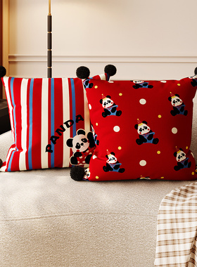 红色新年氛围感客厅沙发抱枕靠枕方形天鹅绒熊猫枕套不含芯床头枕