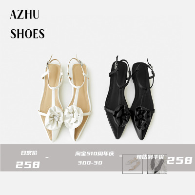 AZHU SHOES手工花朵半包头尖头凉鞋女粗跟平底低跟绝美鞋子配裙子