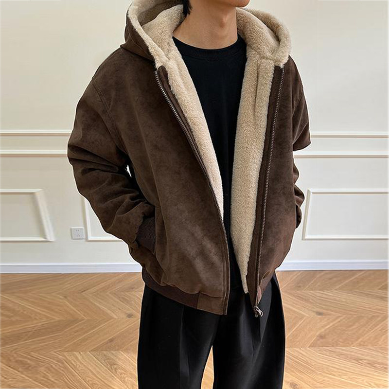 冬季加绒加厚皮衣连帽外套PU皮座山雕男女休闲复古保暖仿兔毛棉衣