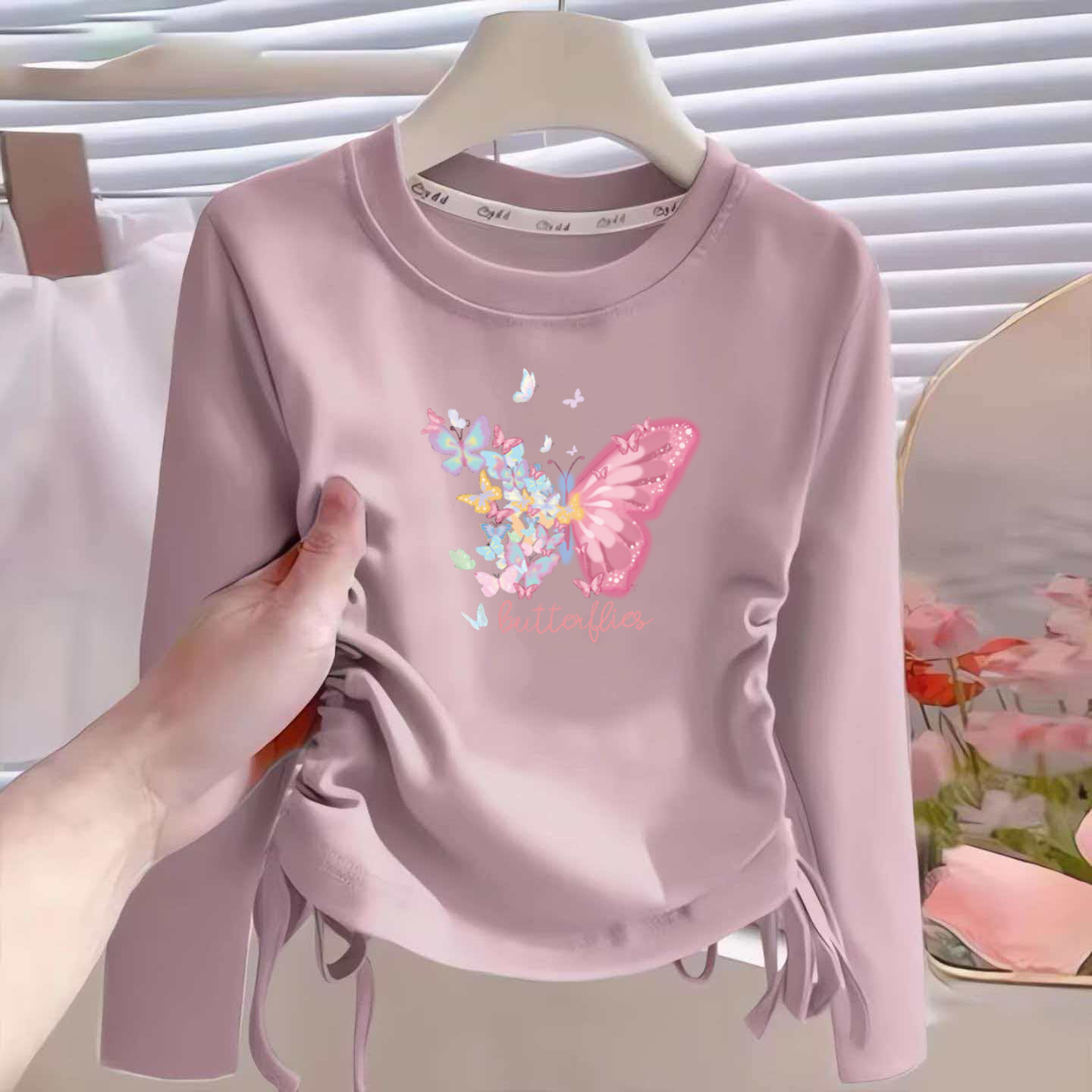 纯棉女童长袖T恤秋装抽绳上衣服2026新款洋气好看内搭打底衫秋冬
