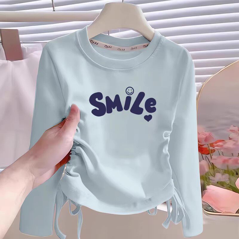 女童纯棉T恤上衣长袖印花抽绳2025新款设计感ins风夏季洋气潮