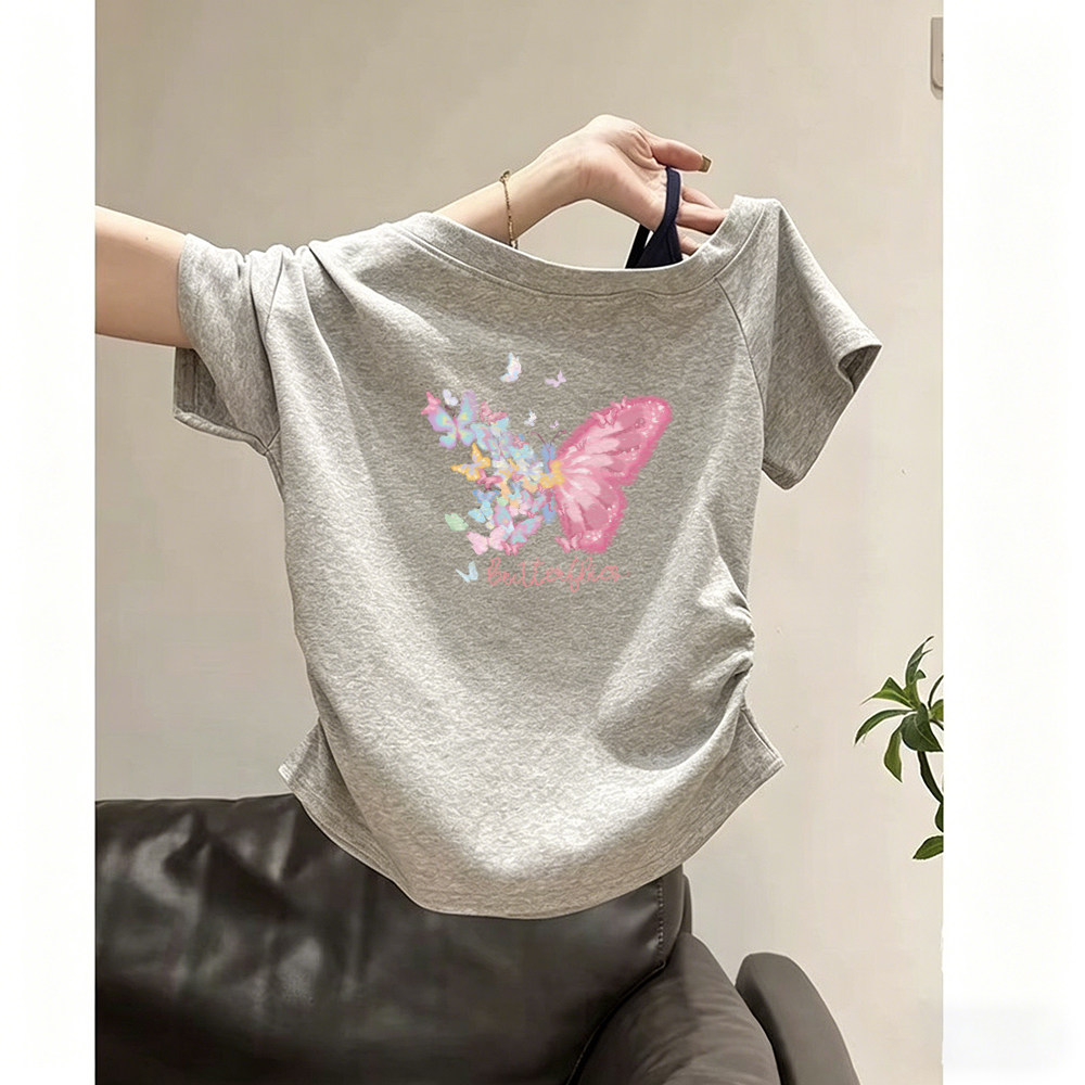 蝴蝶图案儿童斜肩短袖t恤女童纯棉夏季甜美中大童装落肩袖上衣服