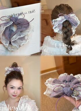 优依家流行紫色系毛线发圈 气质爱心蝴蝶结 复古水钻好看马尾头花