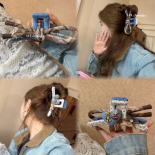 优依家新款 式 不一样 牛仔蓝色爱心蝴蝶结抓量足发抓 鲨鱼夹两面款