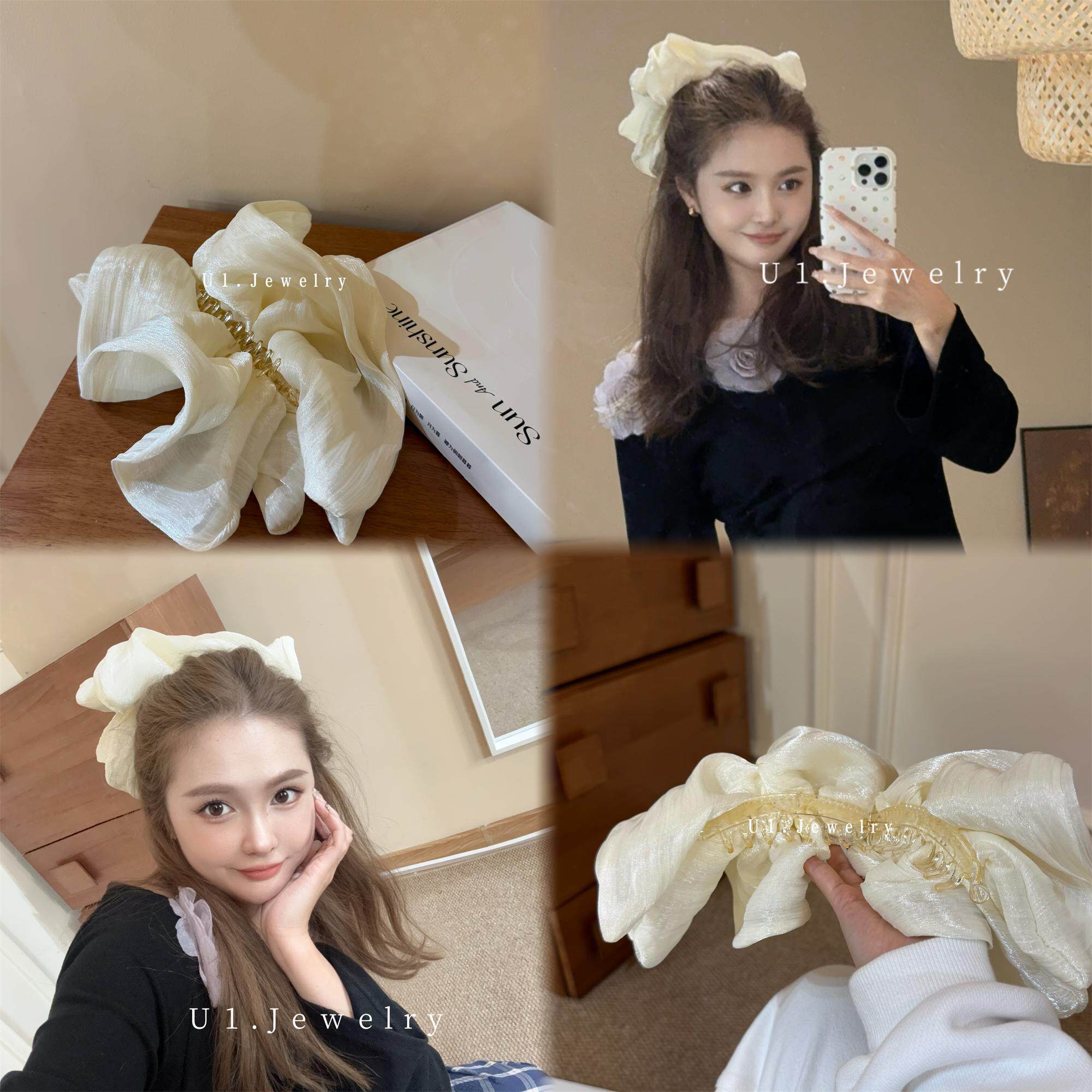 优依家 款式好看个性 复古云朵香蕉夹 大号浅色花朵 蝴蝶结盘发夹