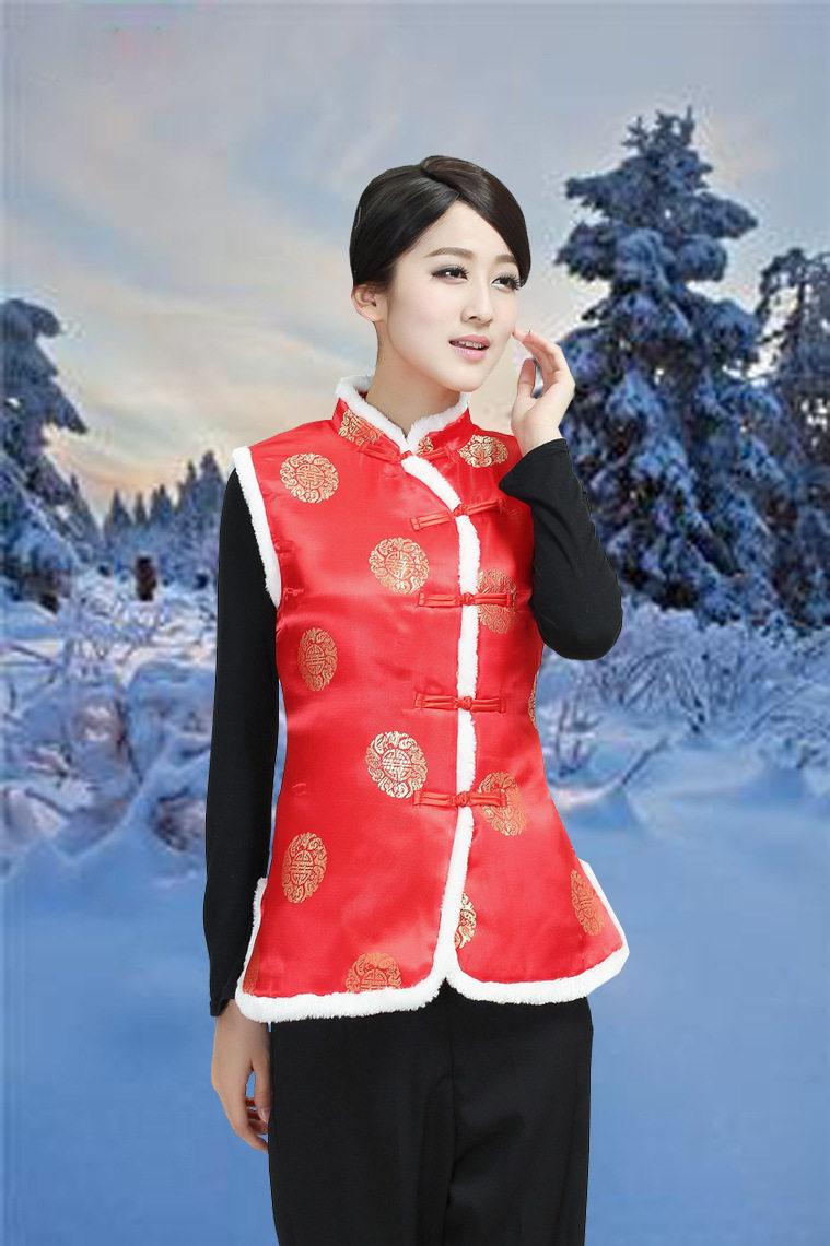 新款酒店茶楼唐装秋冬工作服上衣马甲女士中式加棉背心大红色马