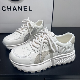 茵茵家2026春秋季新款韩版真皮系带松糕底小白鞋女外穿轻便休闲鞋