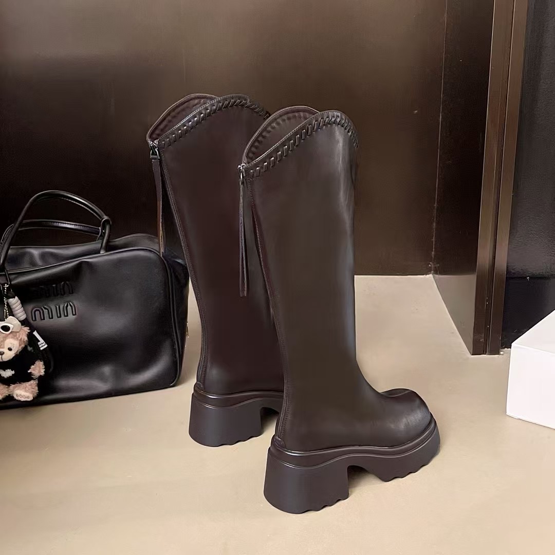 茵茵家韩版复古粗跟厚底加绒长筒靴女2025秋冬新款圆头拉链骑士靴