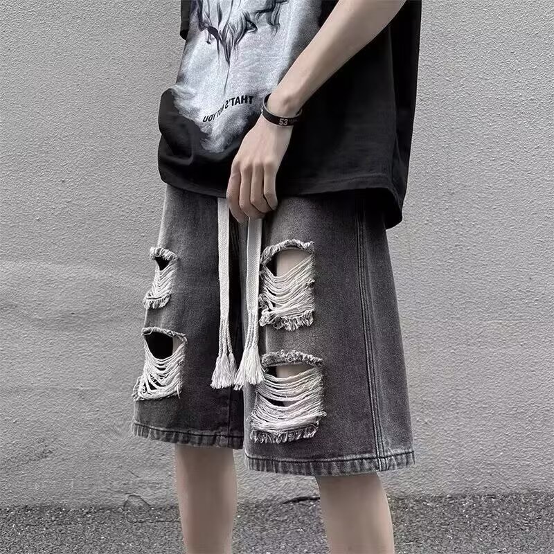 美式黑灰色破洞牛仔短裤男高街复古直筒中腰五分裤子夏季牛仔中裤