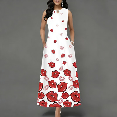 典雅度假风印花长裙气质女神气质长裙可爱无袖大红色唇连衣裙