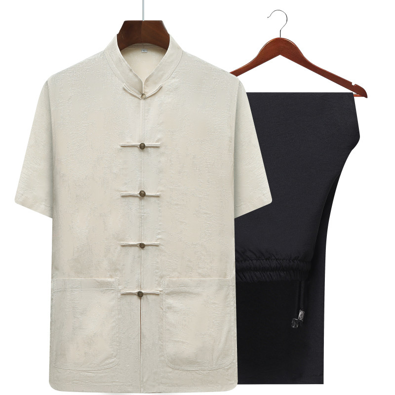 中老年人唐装男爷爷装夏季薄款爸爸装中国风棉麻短袖套装中式衬衫