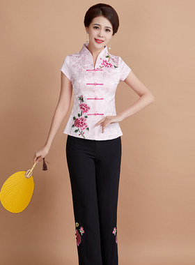夏装中式风餐厅茶艺师短袖工作服