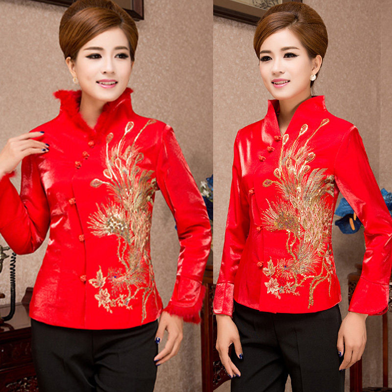 高端新款女士唐装外套女士金凤喜庆服装中式上衣春秋唐装棉衣外套