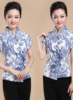 中式唐装 女士短袖外套棉麻名族风服装 女装盘扣立领上衣妈妈装