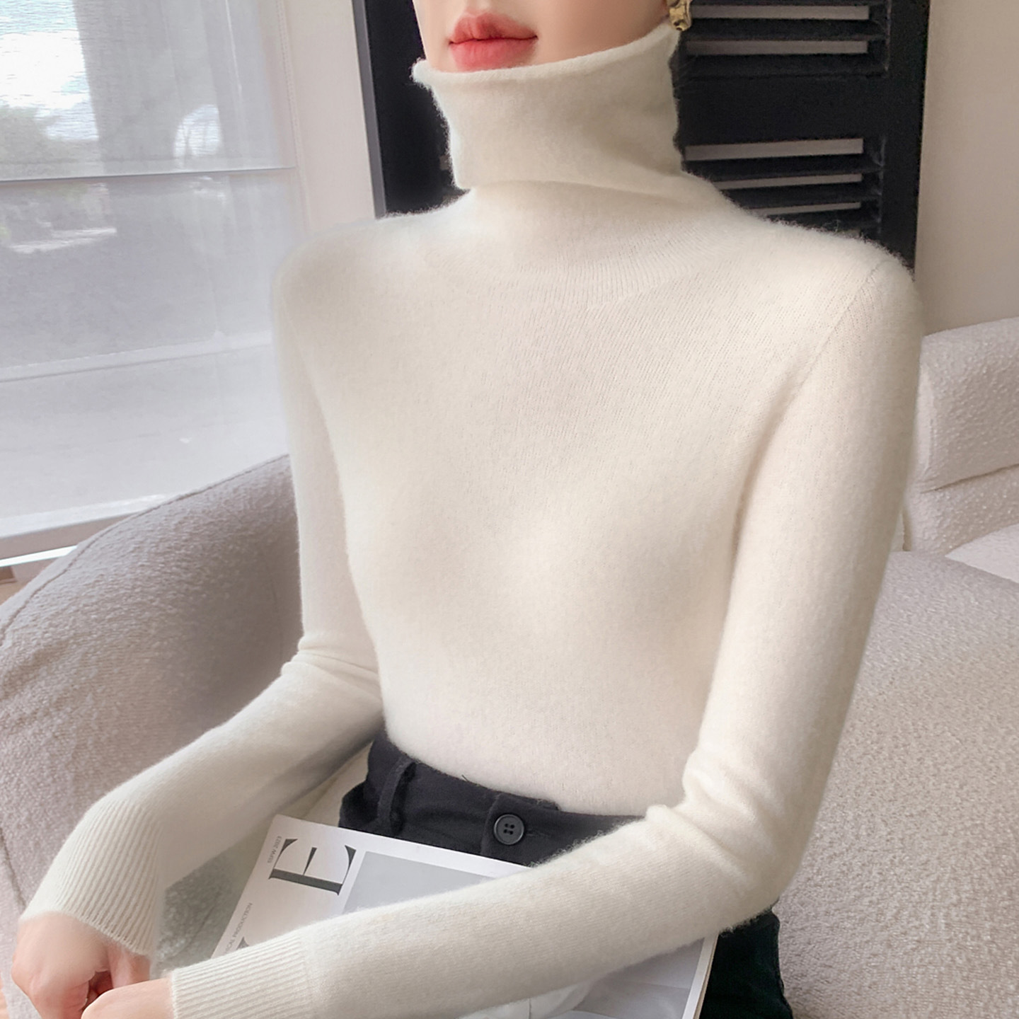 无缝一线成衣高领毛衣打底衫女2025秋冬新款修身堆堆领针织衫女