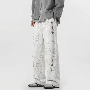 重磅白灰色斜切弯刀卫裤男设计感美式复古休闲青少年扎染运动裤子