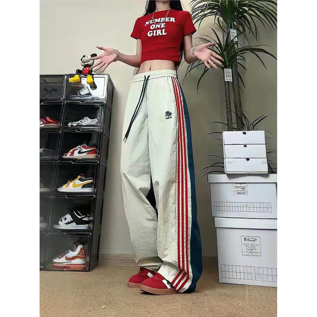 三条杠速干裤子男夏季薄款美式hiphop阔腿弯刀裤拼色宽松休闲长裤