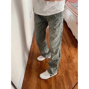 满印提花牛仔裤男春秋时尚穿搭高级感裤子vibe国潮微喇直筒弯刀裤