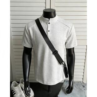 重磅硬挺亨利领短袖T恤男春夏季潮牌凉感透气宽松休闲半截袖上衣