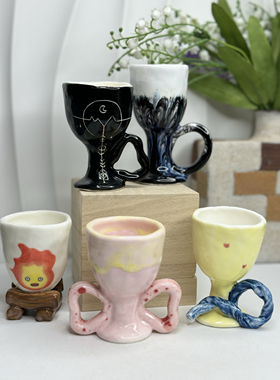 小众手工中古高脚酒杯ins手绘不规则陶瓷水杯咖啡杯