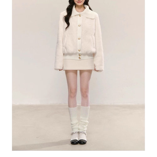 QDQD 甜美可爱风软糯大翻领环保皮草秋冬新款白色皮毛一体外套女