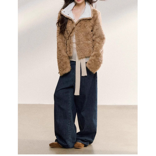 7Shiftin 原创设计秋冬款拼接卡其翻领气质通勤保暖毛绒外套上衣