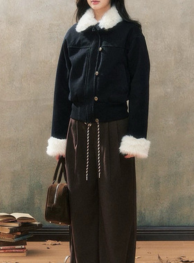 7Shiftin 原创设计秋冬新款黑色修身皮毛一体夹克外套短款上衣女