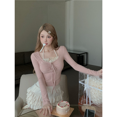 假两件甜辣妹长袖T恤女装春季芭蕾风粉色修身短款纯欲别致小上衣