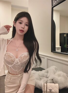 安卡妮  辣妹挂脖上衣女秋冬带胸垫吊带蕾丝打底衫内搭开衫两件套