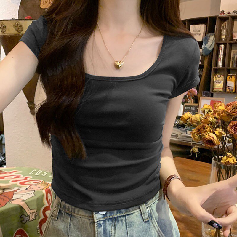 紧身方领短袖T恤女夏季ins潮网红心机短款bm风上衣甜酷设计感小众
