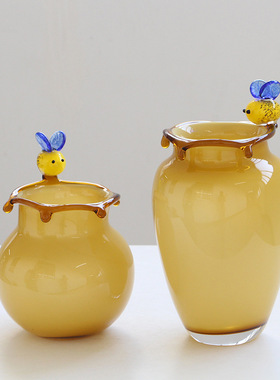 法式创意黄色蜜蜂装饰玻璃花瓶餐厅客厅插花水培家居装饰摆件北欧