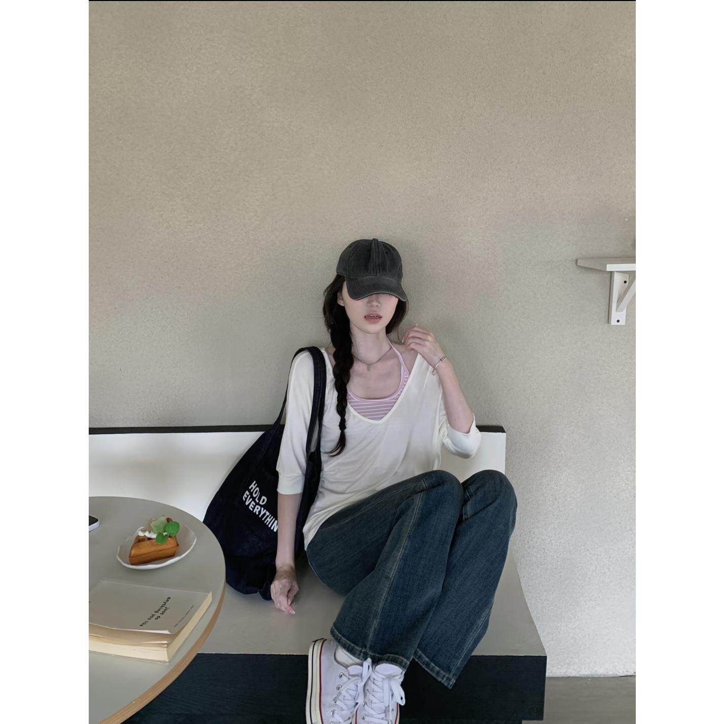 ~韩系V领短袖t恤罩衫女夏宽松中袖上衣条纹挂脖背心两件套