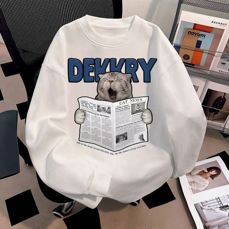2025新款美式高街报纸猫咪秋冬小众ins印花圆领卫衣情侣宽松上衣,女装/女士精品,卫衣/绒衫,淘宝优惠券,粉丝福利购,淘宝优惠卷