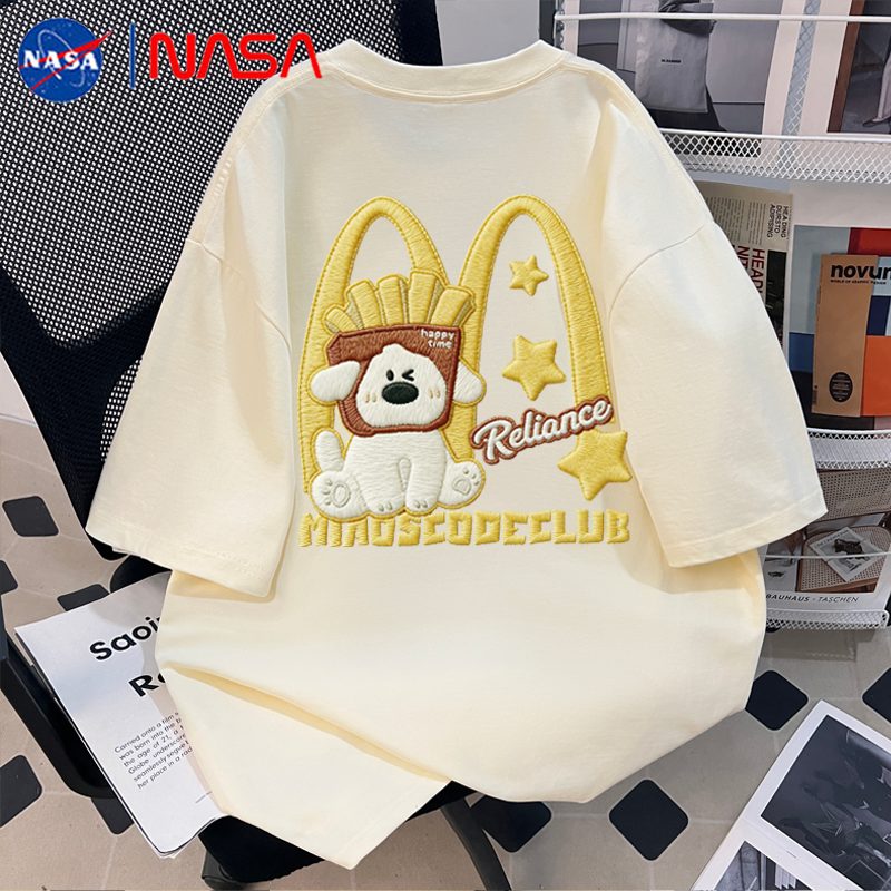 NASA仿刺绣卡通薯条小狗印花纯棉短袖t恤男女夏季慵懒风半袖上衣