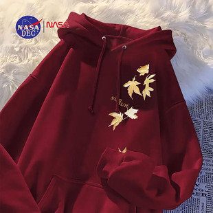 NASA美式 加绒慵懒风上衣外套 复古枫叶飘落重磅连帽卫衣男女秋冬季