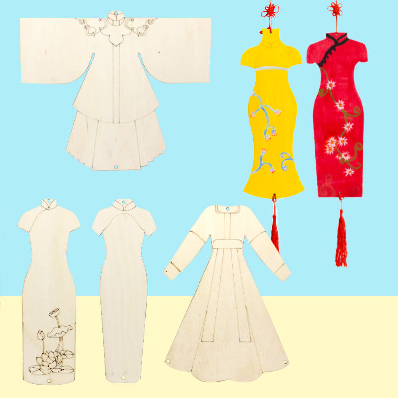 木质古风挂件旗袍 汉服diy超轻粘土手工diy上色涂鸦绘画材料