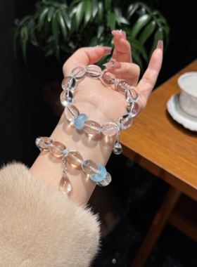 天然水晶海蓝宝手链白水晶手链五行补水手串原创设计