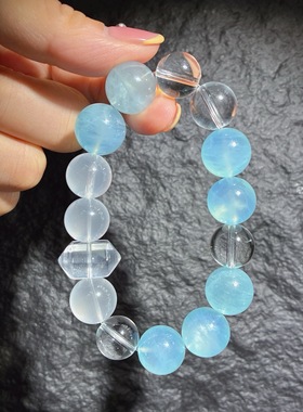 天然水晶海蓝宝手链魔鬼蓝水晶五行补水手串原创设计