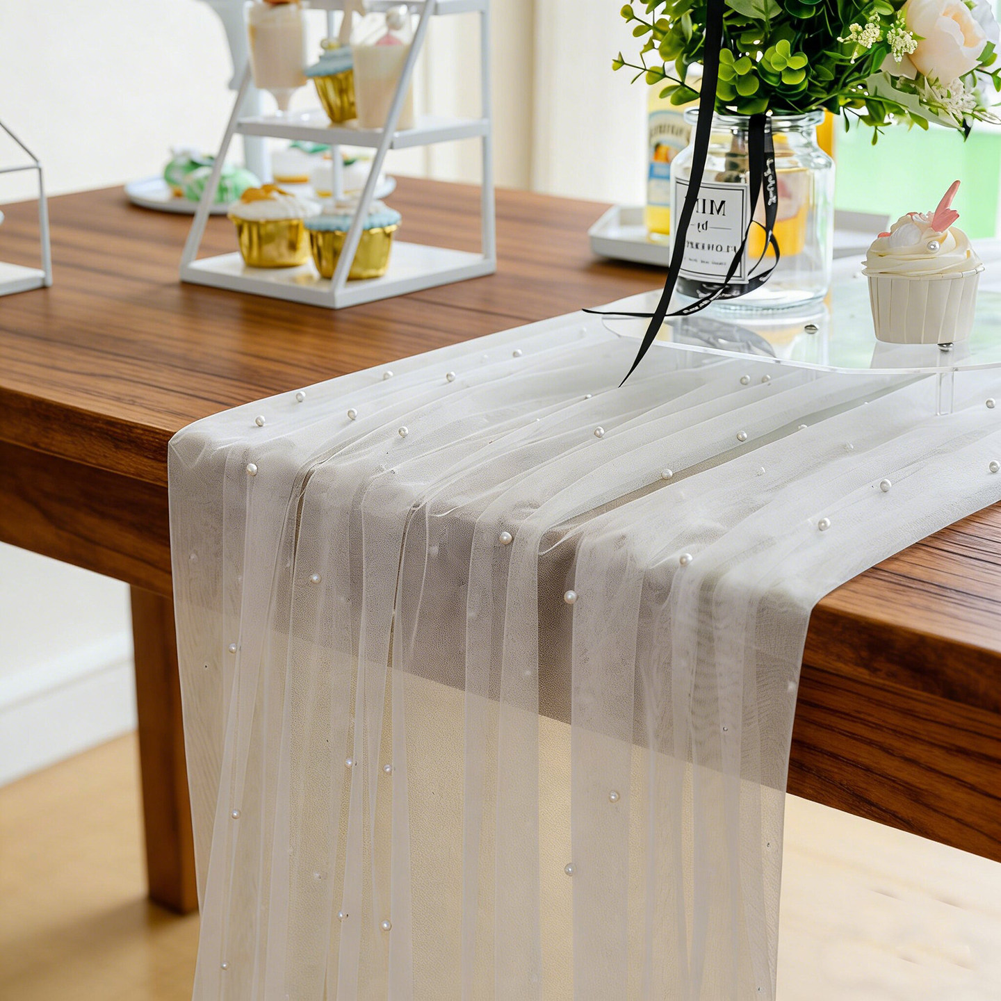 甜品台装饰桌布带珍珠加密款网纱布料生日沙龙布置桌旗拍摄背景布