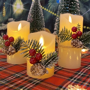 圣诞新年仿真摇摆松果电子蜡烛餐桌装 饰氛围小夜灯桌面布置电池灯