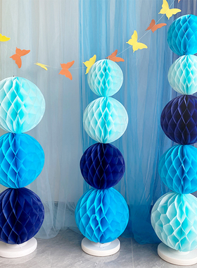 蓝色纸蜂窝球蜂巢纸花灯笼立柱开业门口装饰幼儿园开学典礼布置