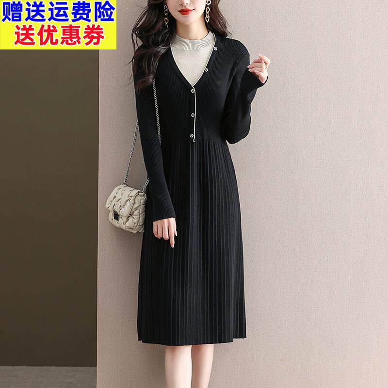 时尚拼接假两件针织洋装女秋冬2025新款气质收腰显瘦打底毛衣裙