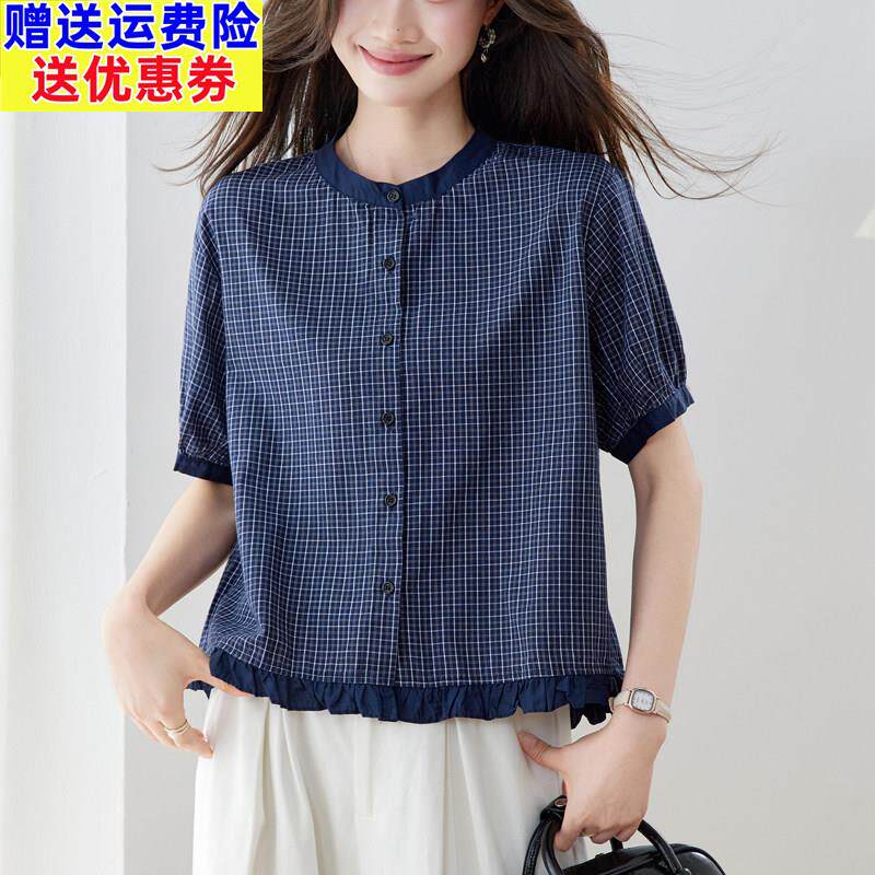 蓝色格子纯棉短袖衬衫上衣女夏季2026新款正肩衬衣设计感小众小衫