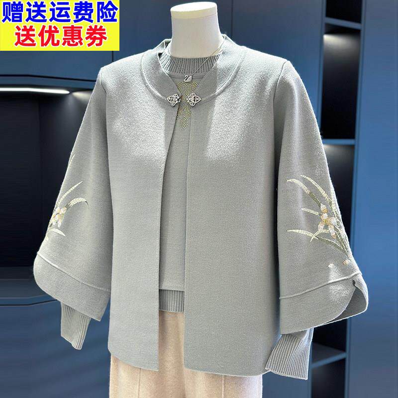 时尚中老年针织衫套装女开衫冬装新款奶奶上衣服大尺码妈妈装两件
